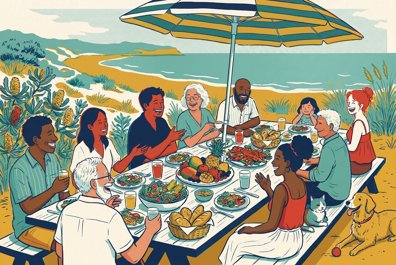 A family enjoying lunch beneath a striped parasol beside the ocean