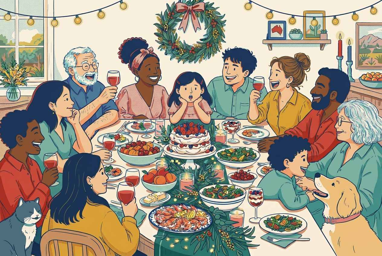 A colourful illustration of a family sharing Christmas lunch