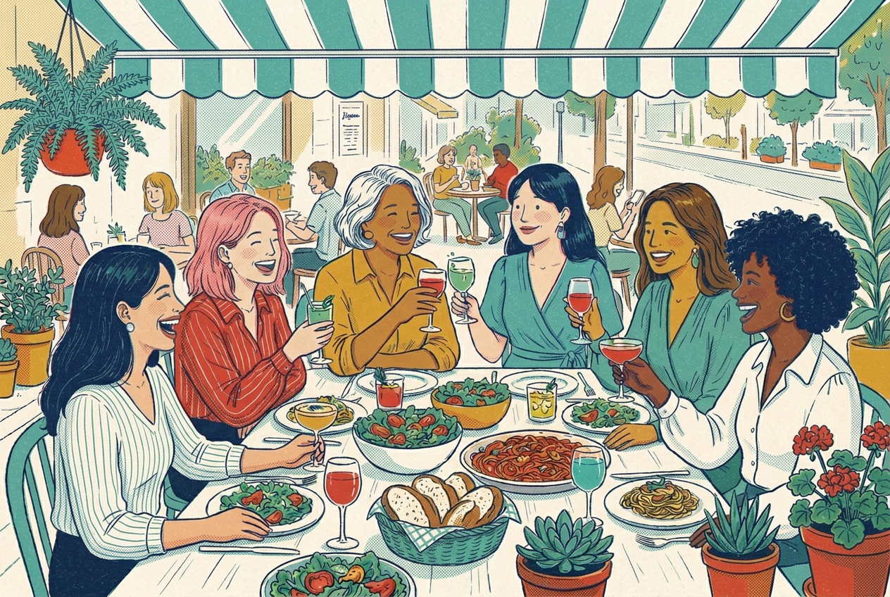 Six women catching up over lunch on a sunny restaurant terrace