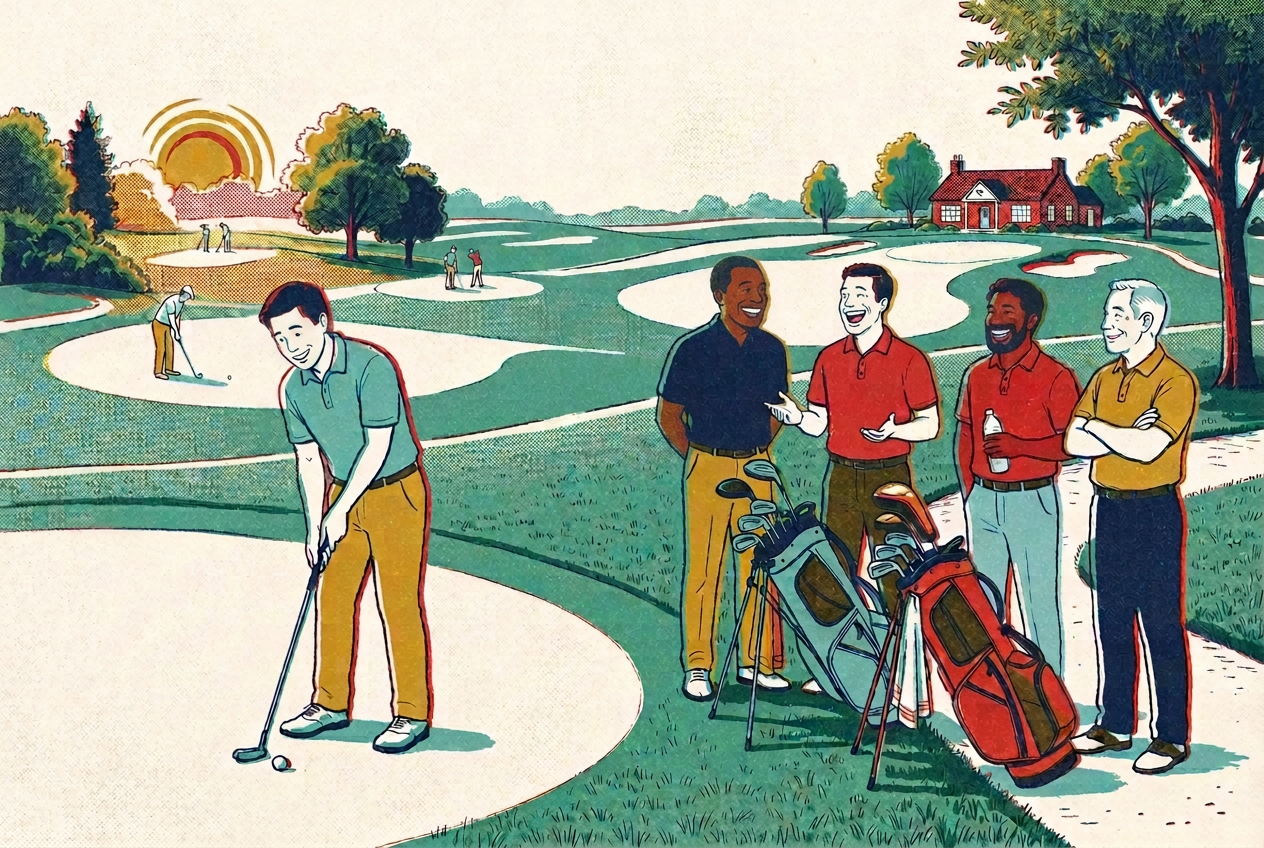 Friends chatting and putting on a sunlit golf course